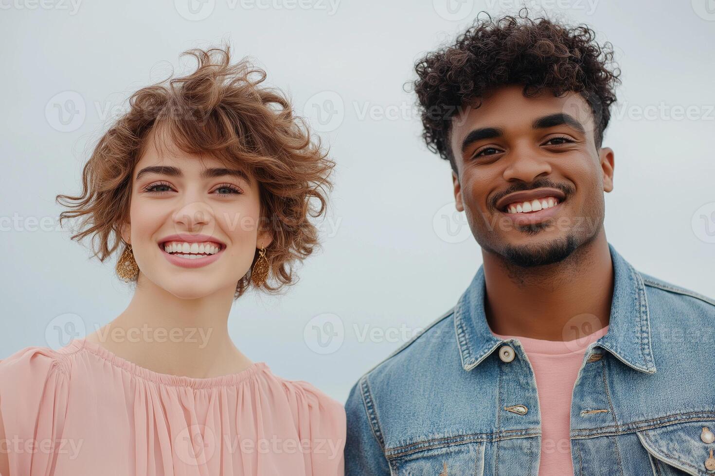 Happy woman and man dancing in light rain under soft sunlight in a minimalistic setting photo