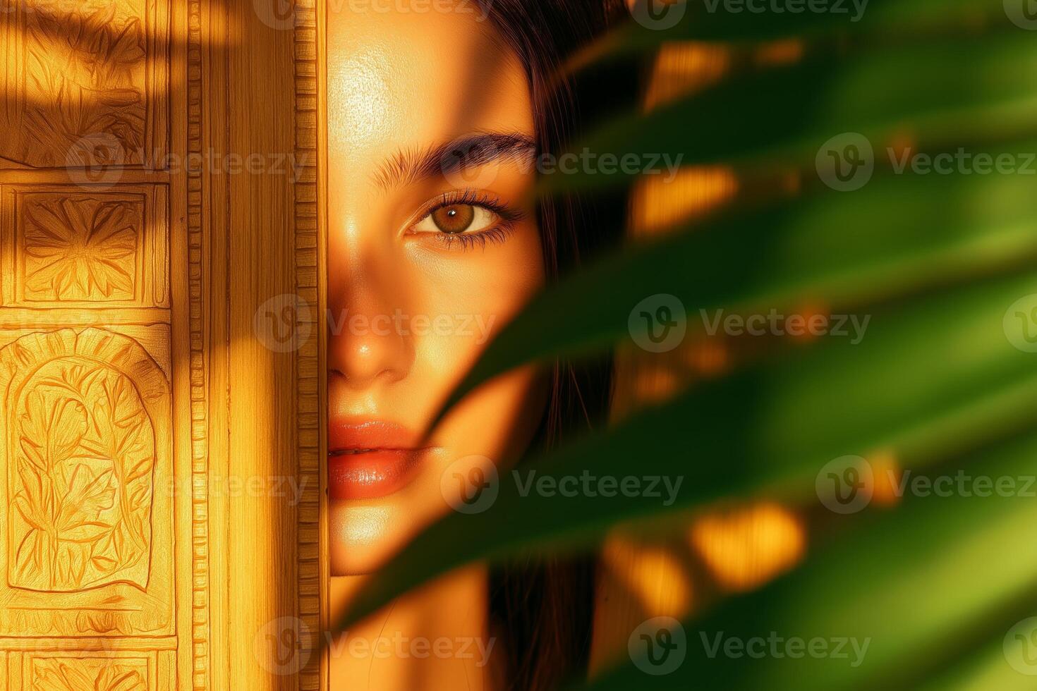 A young woman with an illuminated face stands before an antique wooden door framed by natural greenery photo