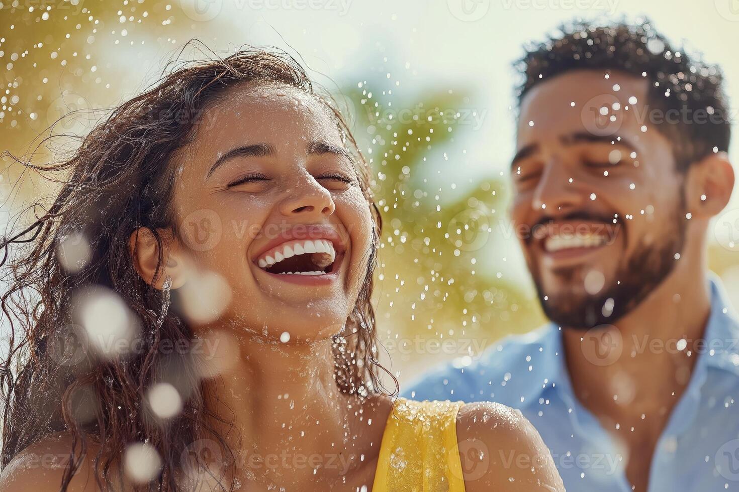 Hispanic couple enjoys dancing in the rain and laughter during a bright afternoon with minimalistic backdrop photo