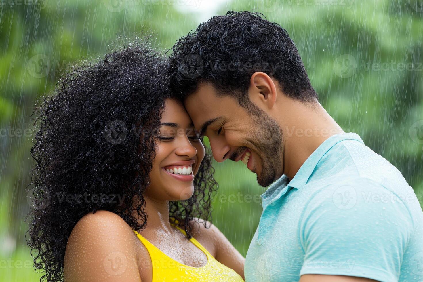 Cheerful couple dancing and laughing in gentle rain during a bright morning under a minimalistic backdrop photo
