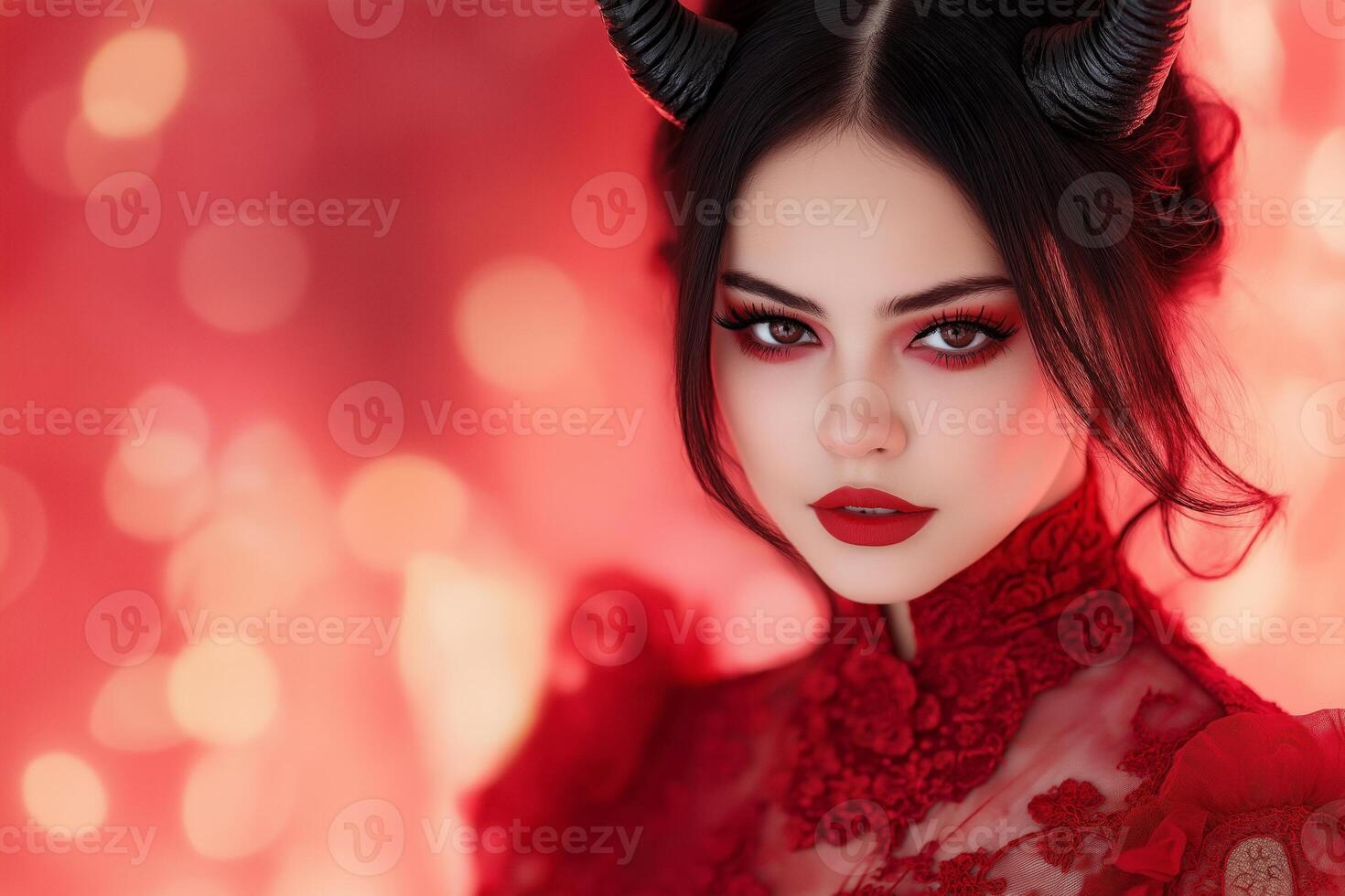 Beautiful vampire in a deep red dress with horns against a fiery background showcasing confidence and bold expression photo