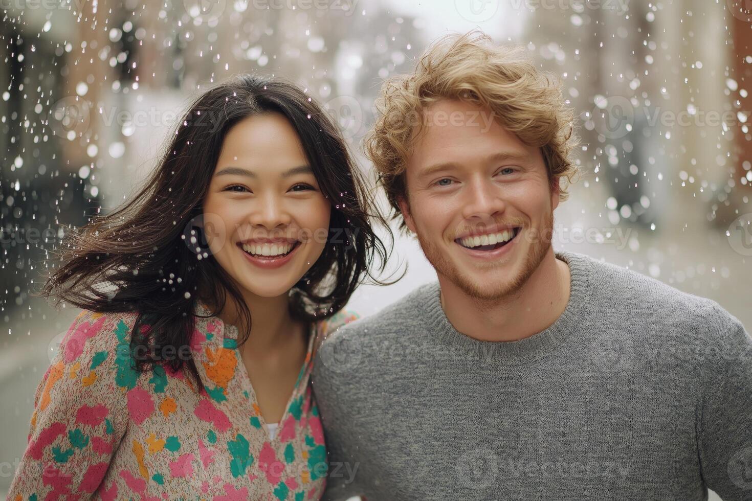Happy couple dancing in light rain during a cheerful morning in a minimalistic setting photo