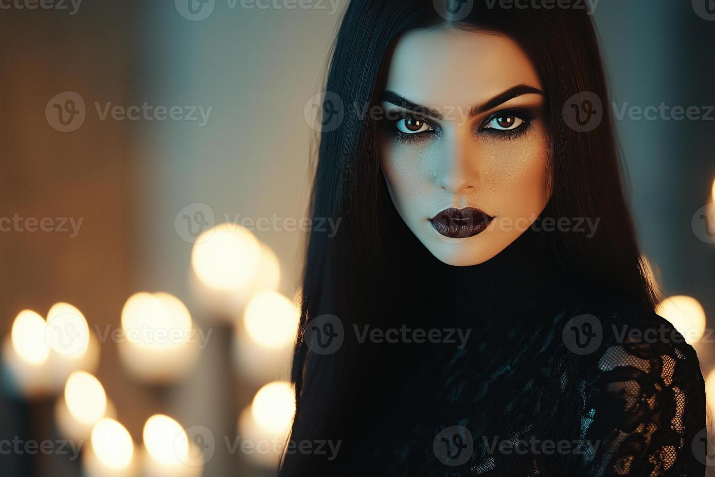 A beautiful vampire with dark hair stands before candles in a dimly lit room with an enchanting aura at twilight photo