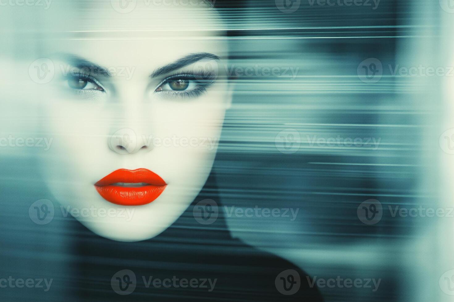 Captivating vampire with bright red lips and fangs in a blurred minimalist setting photo
