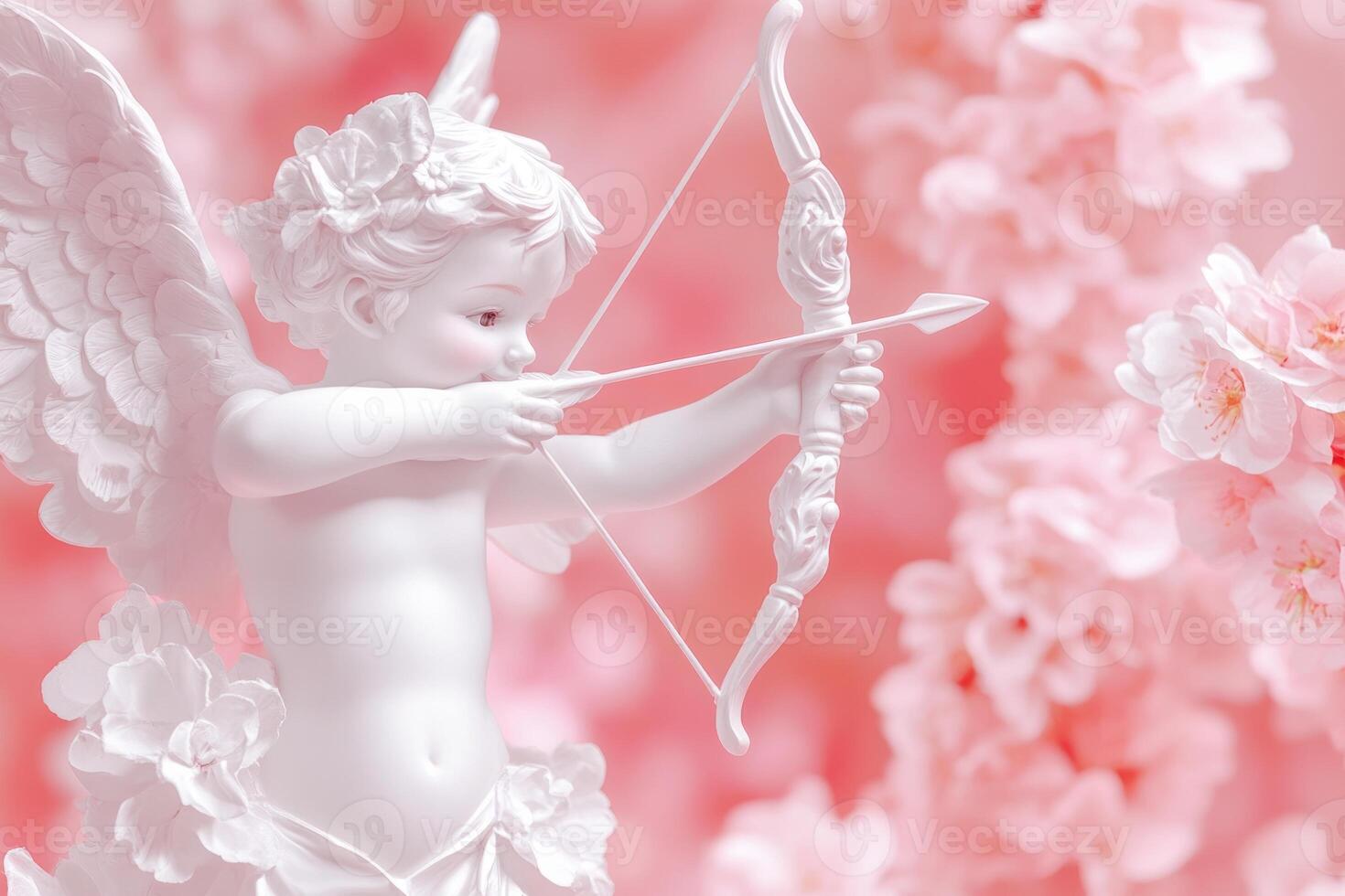 Charming cupid with a bow and arrow surrounded by soft floral hues creating a whimsical atmosphere photo