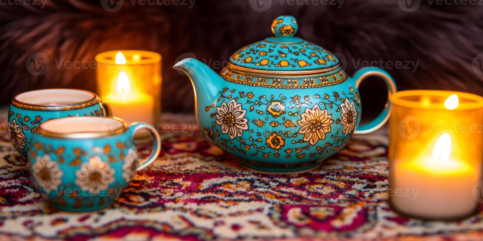 Persian tea service featuring a decorative teapot and cups, arranged on a colorful rug with flickering candles photo