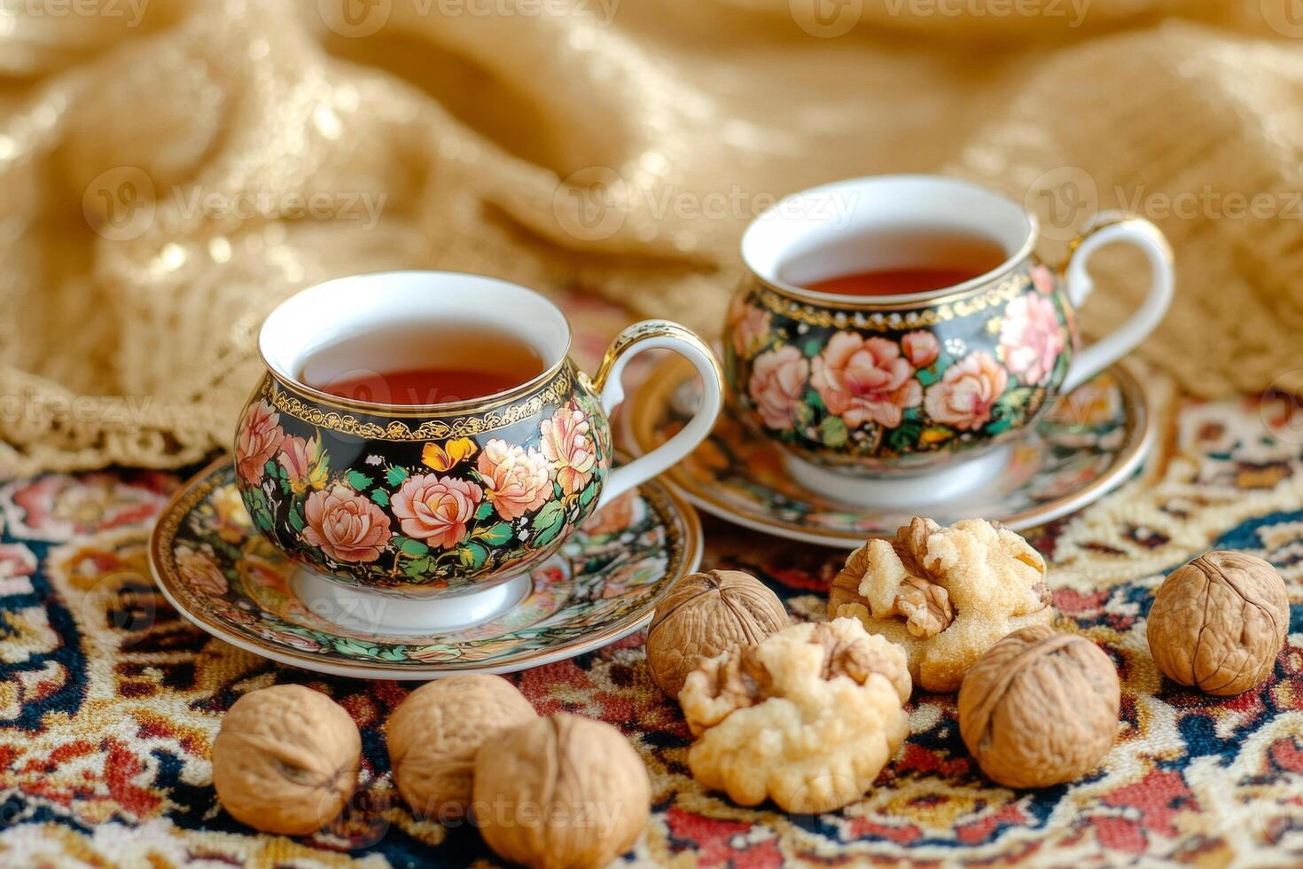 Elegant Persian tea table with floral tea set and assorted nuts and cookies on a richly textured rug photo