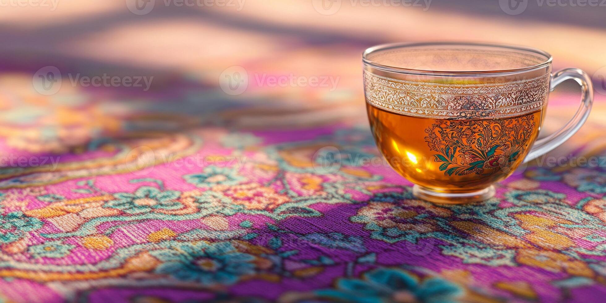 Enjoying a warm cup of Persian tea with saffron on a vibrant floral carpet in a cozy setting photo