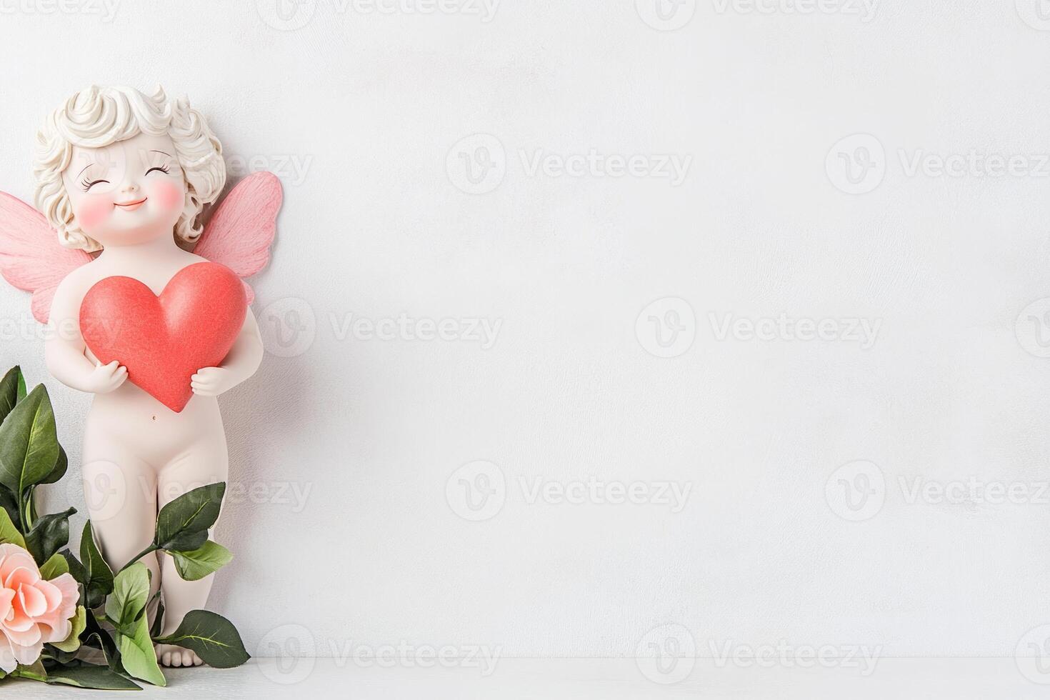A joyful cupid with a heart arrow brightens a minimalist studio adorned with soft lighting and simple decor photo