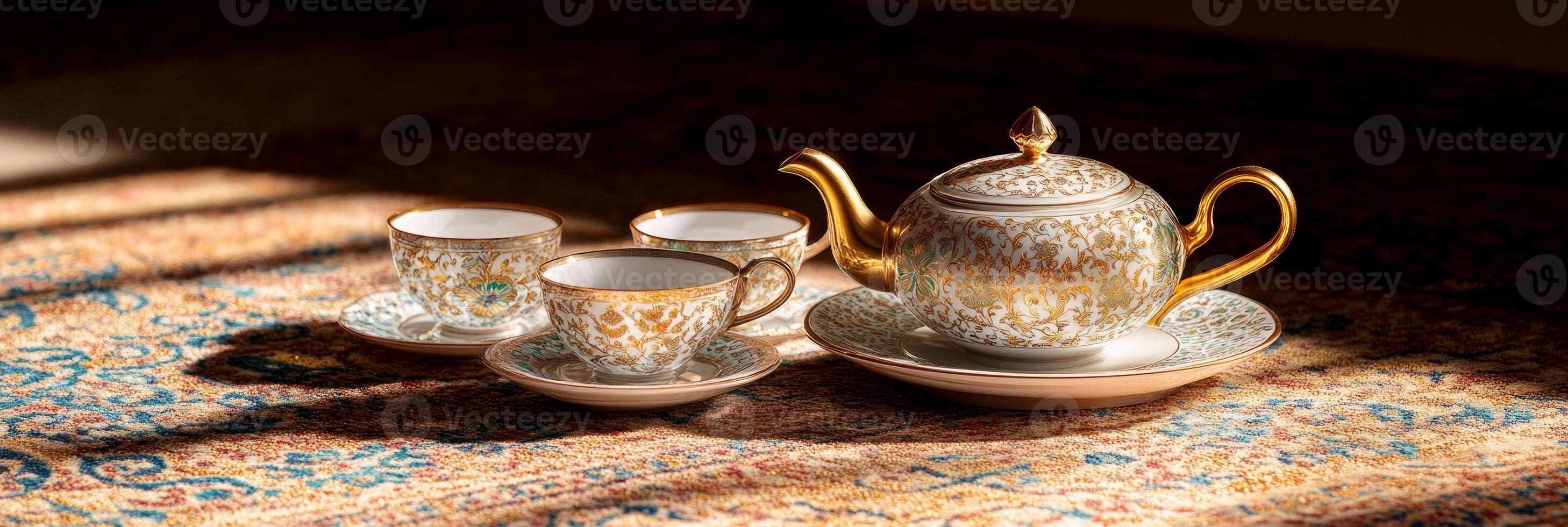 Oriental tea table set with golden-patterned teapot and elegant glass cups on a richly decorated carpet in soft light photo