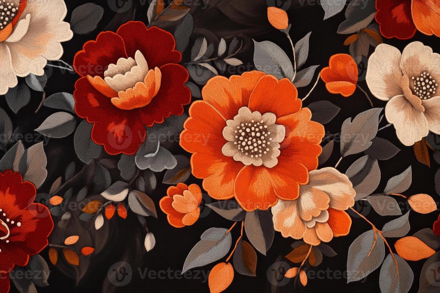 Rich hand embroidery of vibrant red and orange flowers on a deep black background showcasing intricate floral design photo