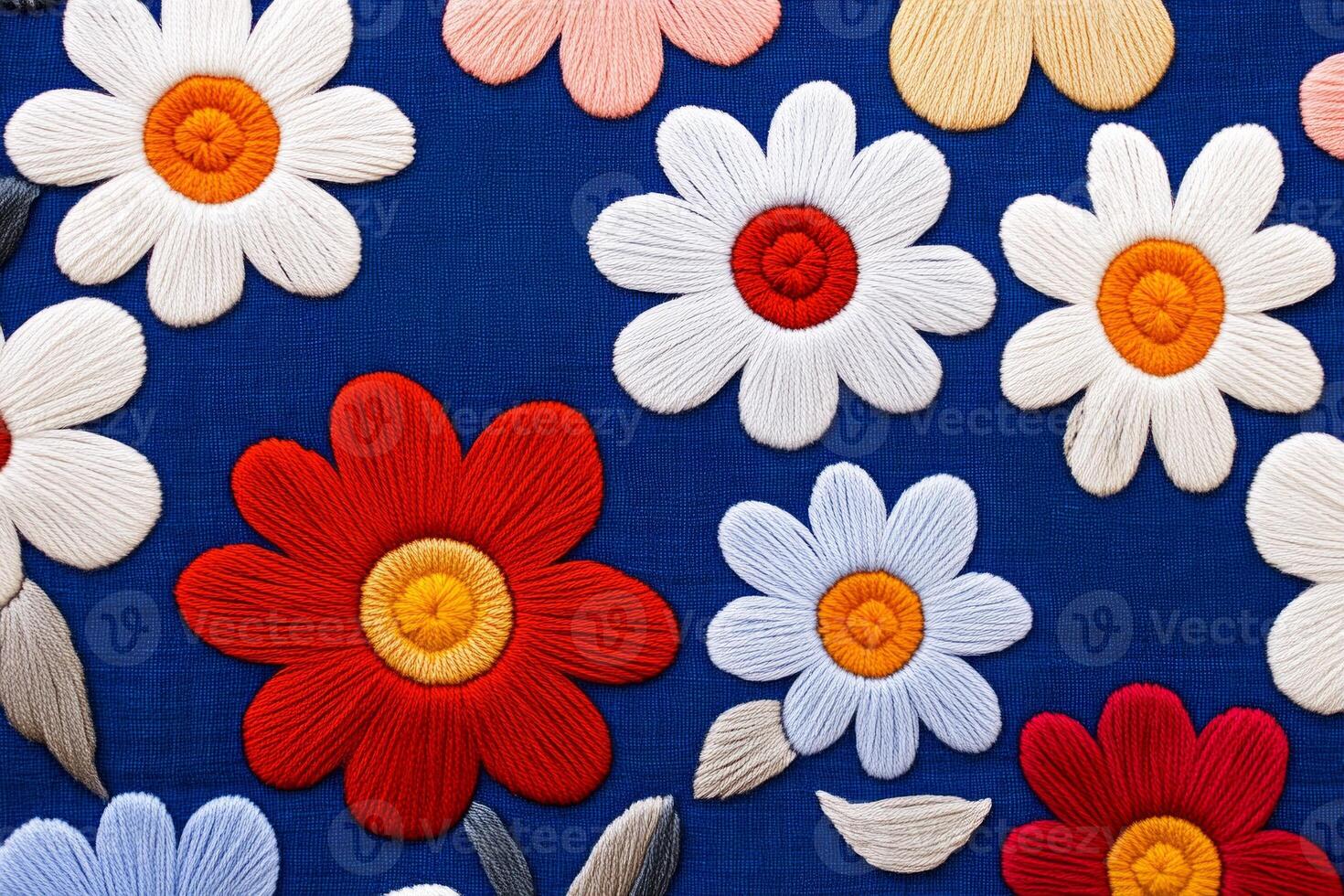 Colorful embroidered floral pattern on a blue background perfect for modern decor and creative projects photo