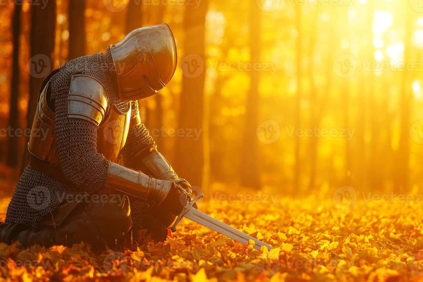 Knight kneeling with his sword in a dimly lit autumn forest at sunset displaying soft golden light photo