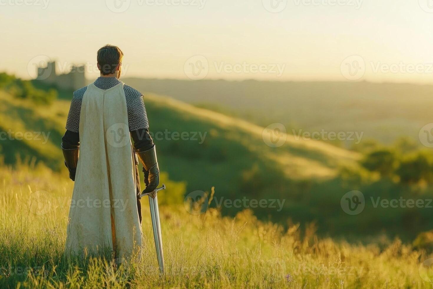 Knight standing on a grassy hill at dusk with a sword across his shoulders and a serene sunset backdrop photo
