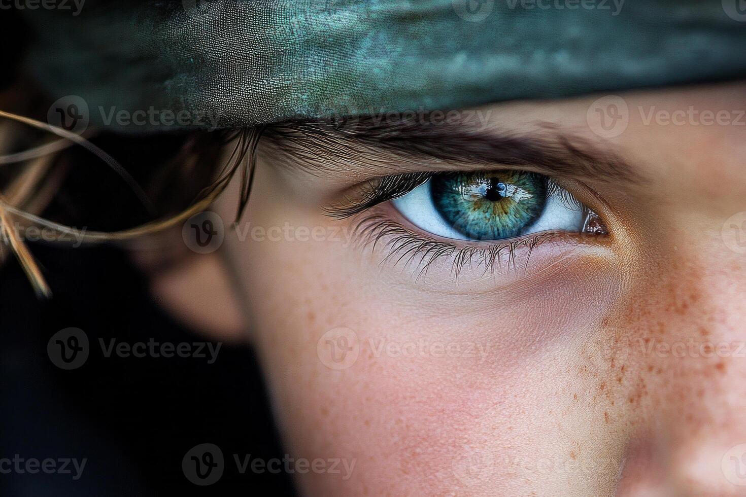 Young pirate on a deserted island searching for treasure with a rugged yet hopeful expression photo
