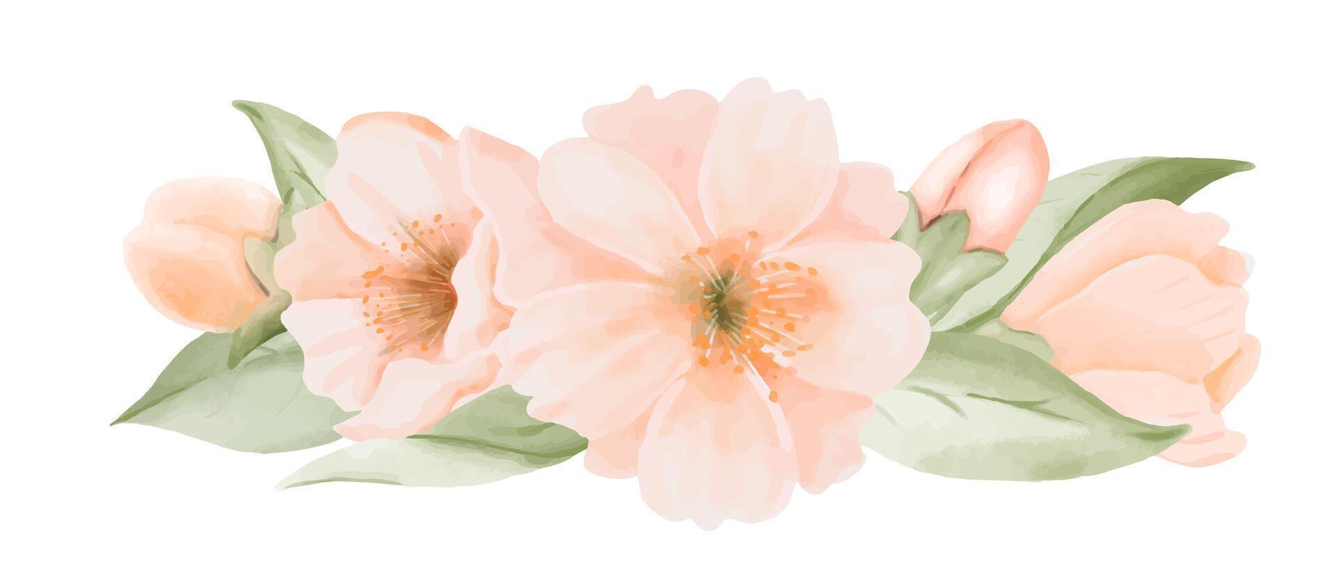 Peach or Cherry Flowers with Leaves and Bud Bouquet. Watercolor hand painted botanical illustration isolated on a white background. Peach fuzz 2024 year color. Perfect for wedding invitations vector