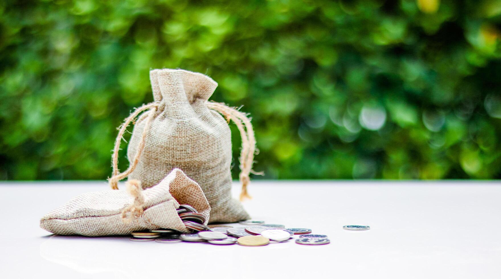 A burlap sack standing and another lying with coins spilling out onto a white surface, set against a blurred background of bushes, representing financial planning and budgeting. photo
