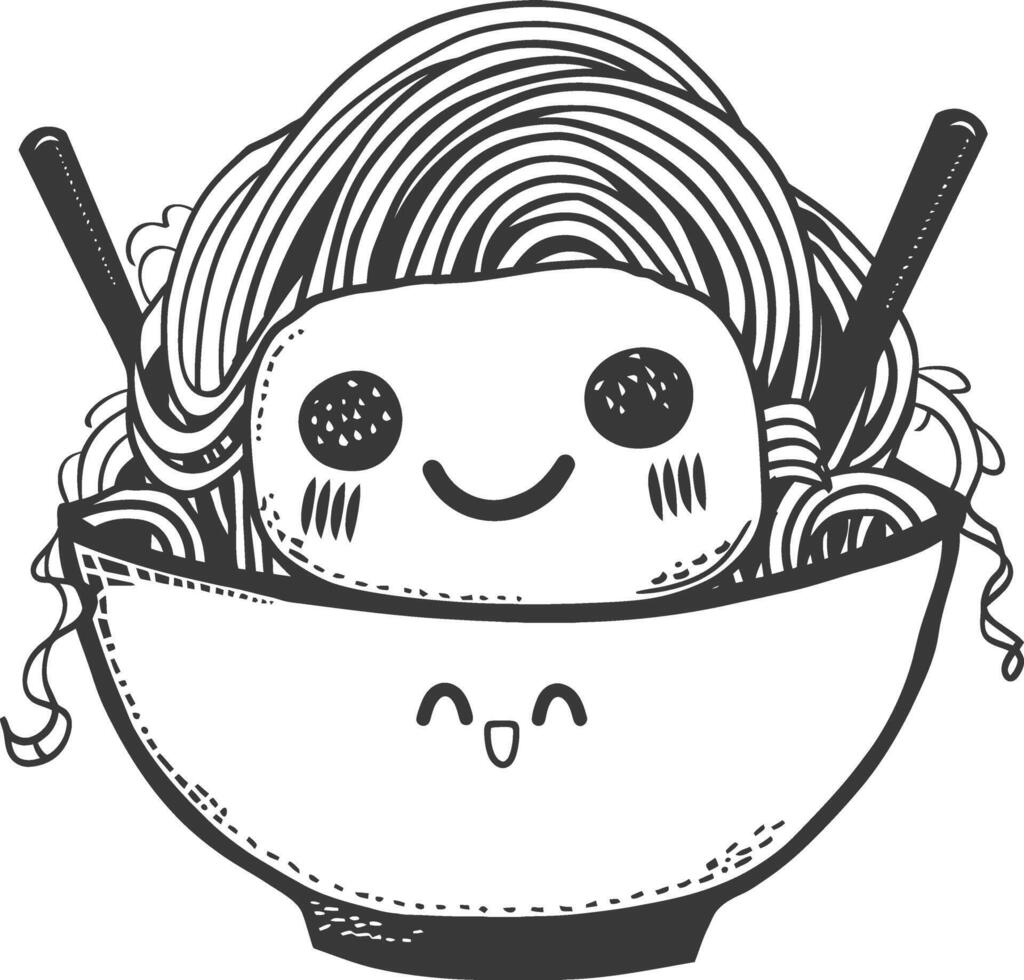 A drawing of a bowl of noodles with a cute face vector