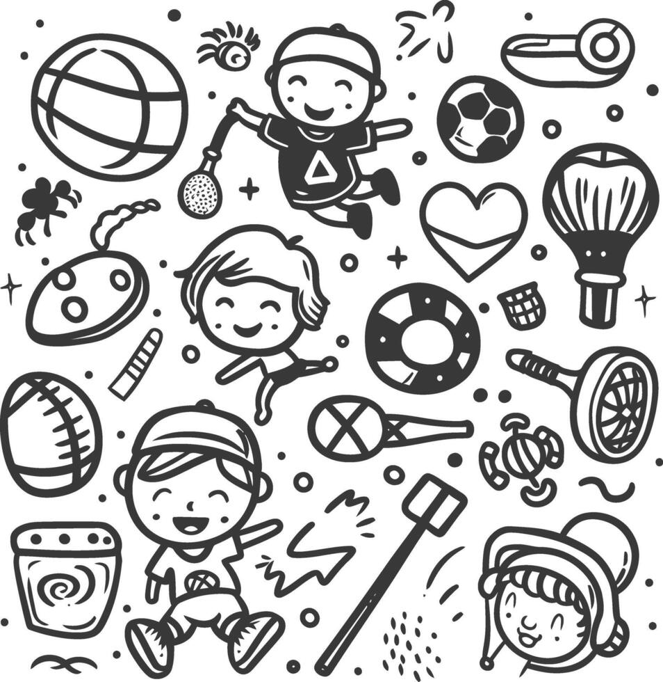 A black and white drawing of children playing sports vector