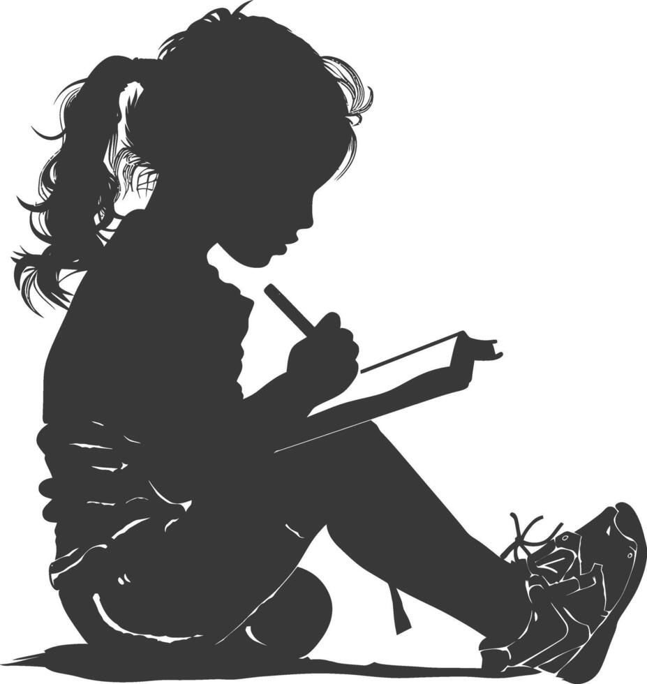 Silhouette of a little girl sitting on the floor writing vector