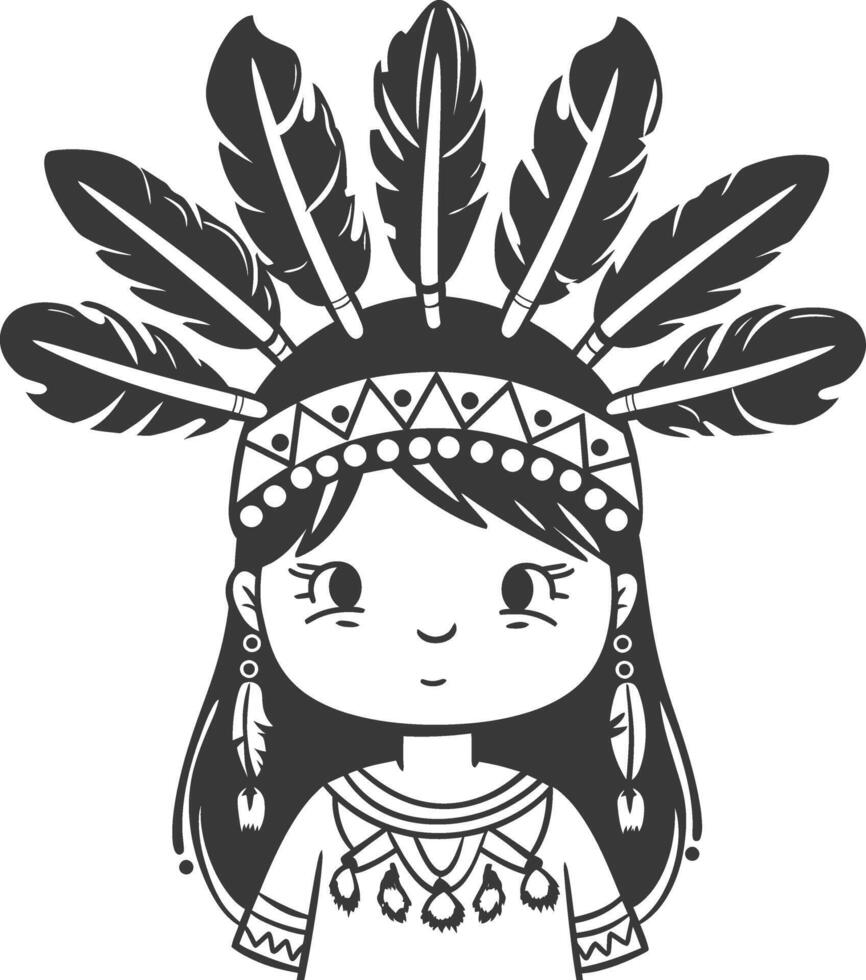 A cartoon indian girl with feathers on her head vector