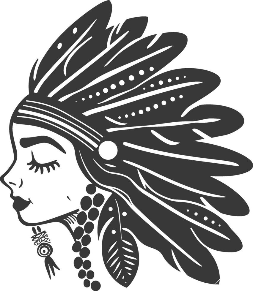 A black and white illustration of a woman wearing an indian headdress vector