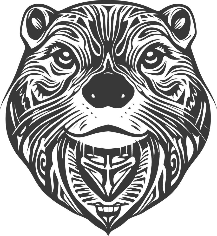 A black and white image of a bear head with tribal patterns vector