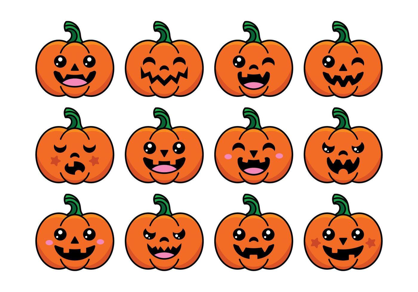 Happy Orange Pumpkins, Jack-O-Lantern Clip Art Set, Halloween Graphics, Cute Funny Happy Faces vector