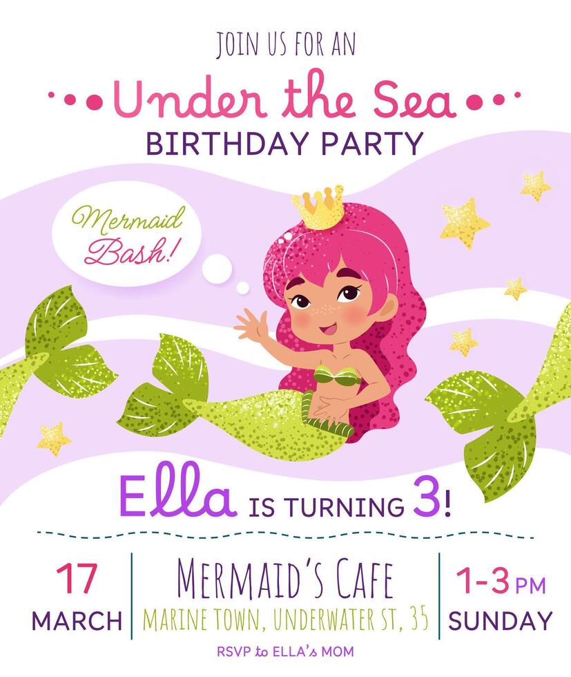 Mermaid birthday party invitation card. Vertical template with a mermaid princess and text for a kids' party. Happy birthday and underwater concept. Celebrating a third anniversary. vector