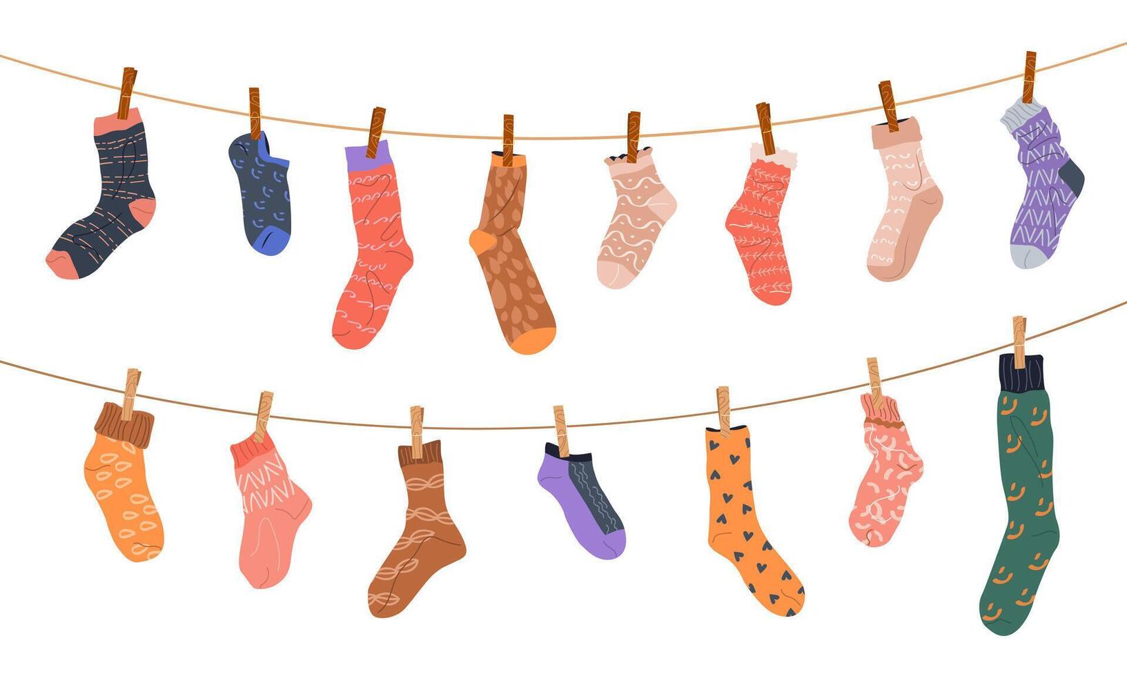 Various socks on clothesline with clothespins. Cotton and wool socks on rope. Clothes on laundry line. Apparels, garments with different patterns for men, women and kids. Isolated illustrations vector