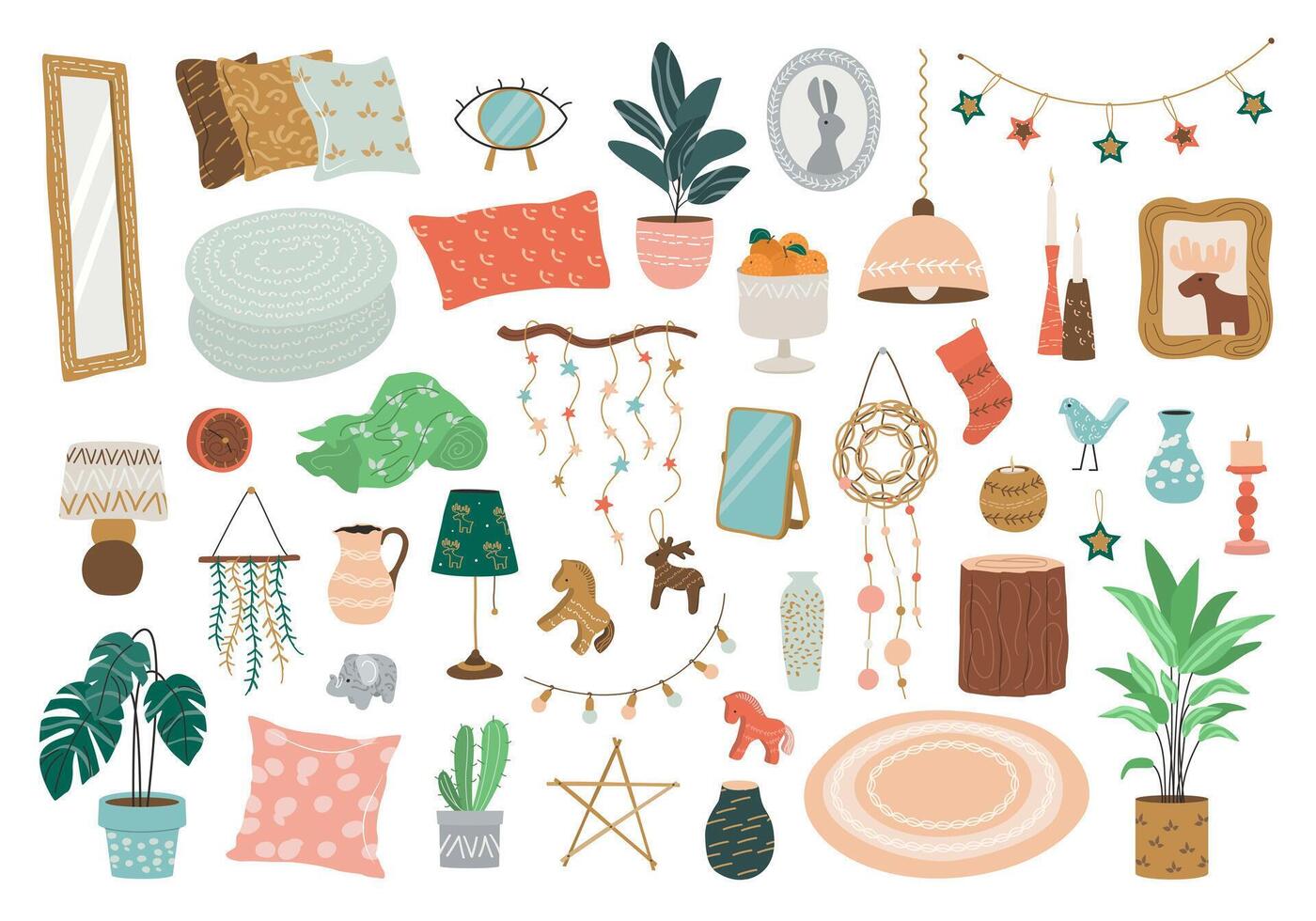 Scandinavian Cozy Home Interior and Decor Set. Modern Accessories for Home. Clip art of Lamps, Paintings, Pillows, Plants, Carpets, Vases, Candles. Isolated Flat Illustrations on White. vector