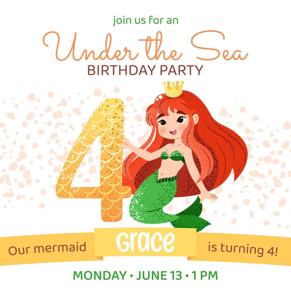 Mermaid birthday party invitation card. Square template with a mermaid princess and number 4 for a kids' party. Happy birthday and underwater concept. Celebrating a fourth anniversary. vector