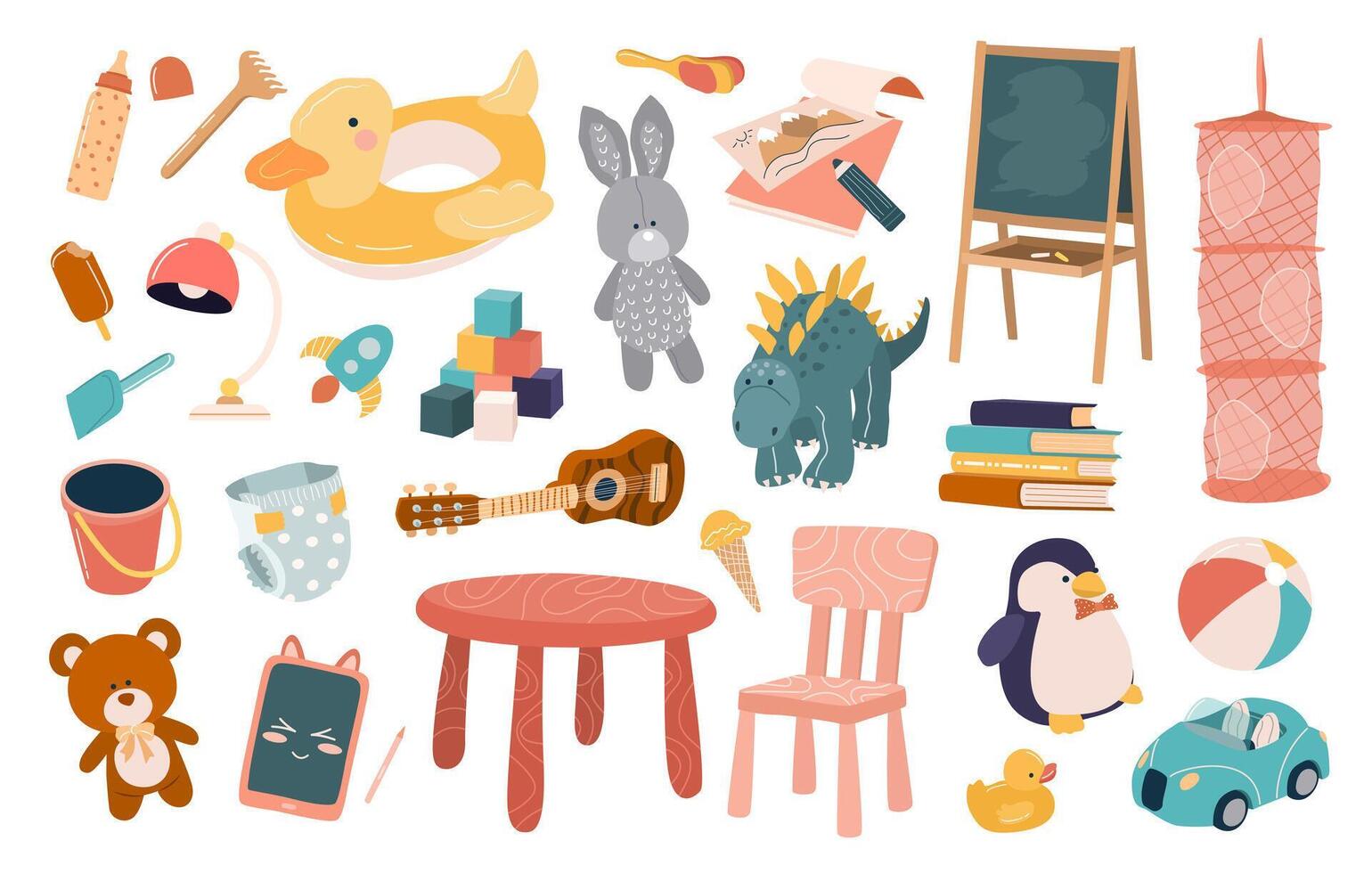 Set of cute plush and plastic toys for kids. Chalkboard, car, drawings, tablet, books, musical instruments, cubes for preschool boys and girls. Isolated flat illustrations on white background. vector