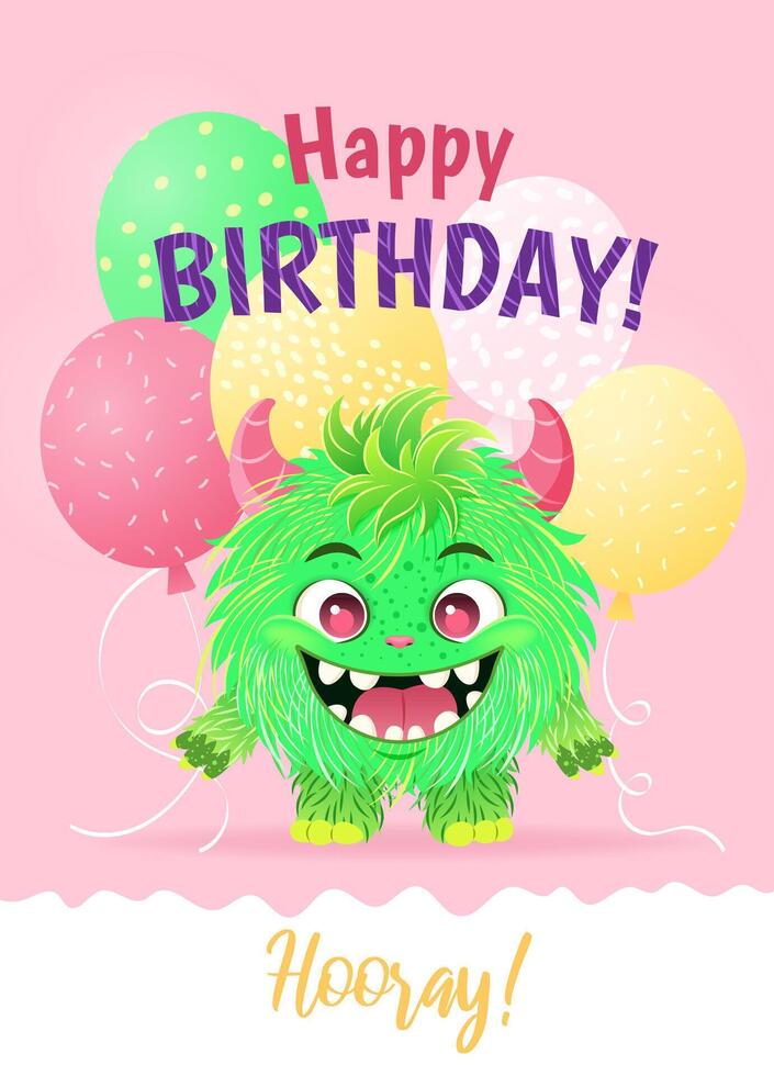 Happy Birthday greeting card with a cartoon fluffy monster and various balloons. A vertical festive postcard template for children. Birthday party concept, Halloween. vector
