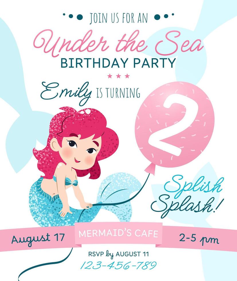 Mermaid birthday party invitation card. Vertical template with a mermaid princess and balloon with number 2 for a kids' party. Happy birthday and underwater concept. Celebrating a second anniversary. vector