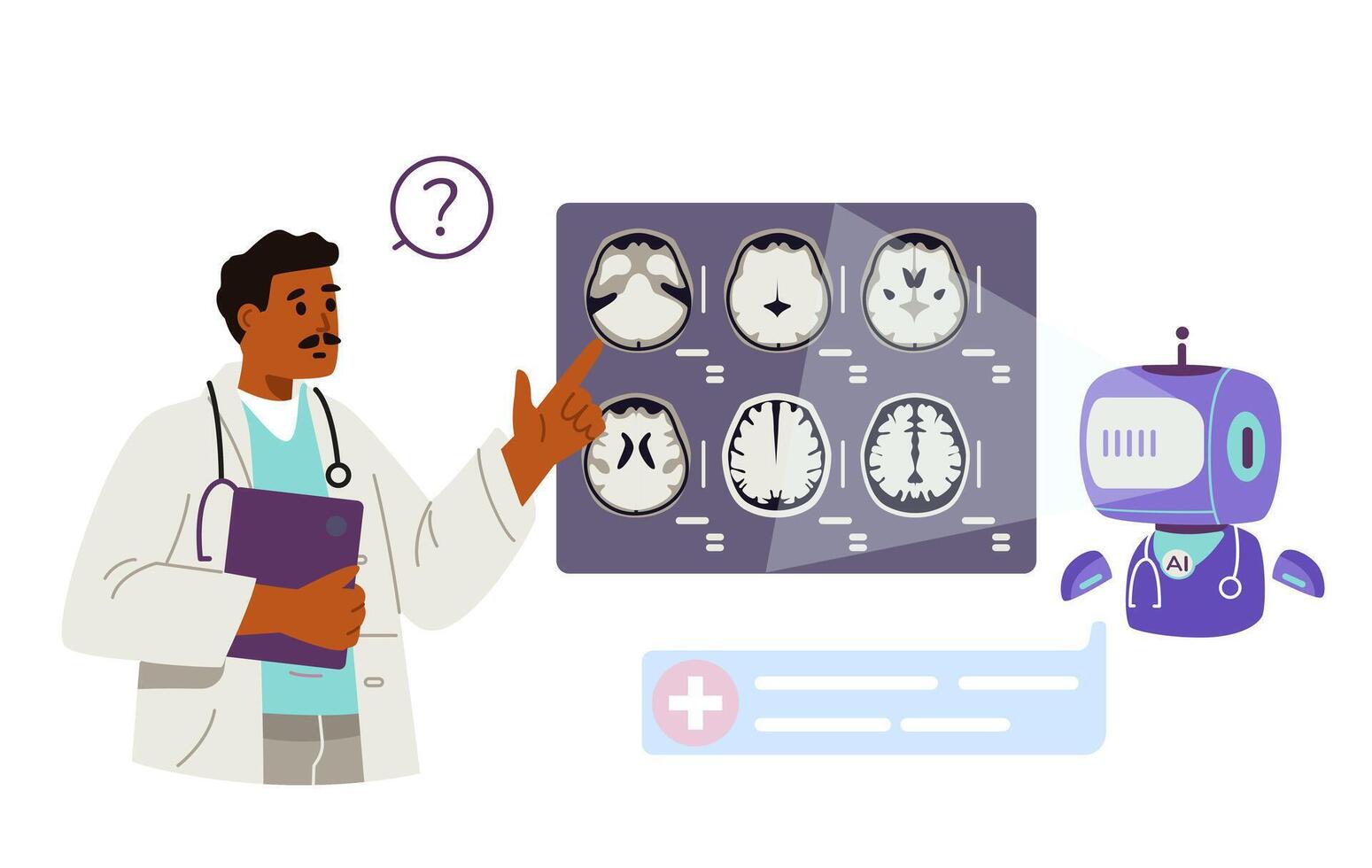 Artificial intelligence in medicine concept flat illustration isolated on white. African American medical worker using AI for brain MRI scan analysis. vector