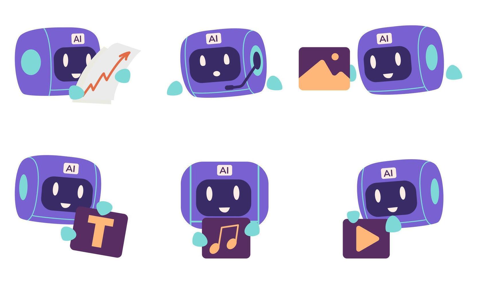 AI robot character assisting in different spheres generating music, images, , text, making analytics, chat bot flat illustrations set. vector