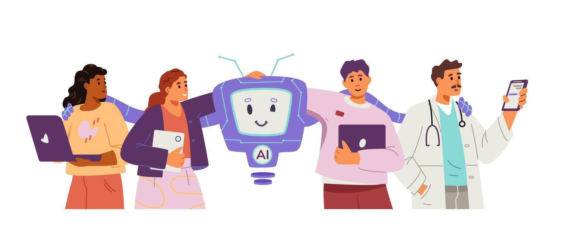 Multiracial group of different professionals interacting with artificial intelligence concept. Men and women hugging with AI robot character flat illustration isolated on white. vector