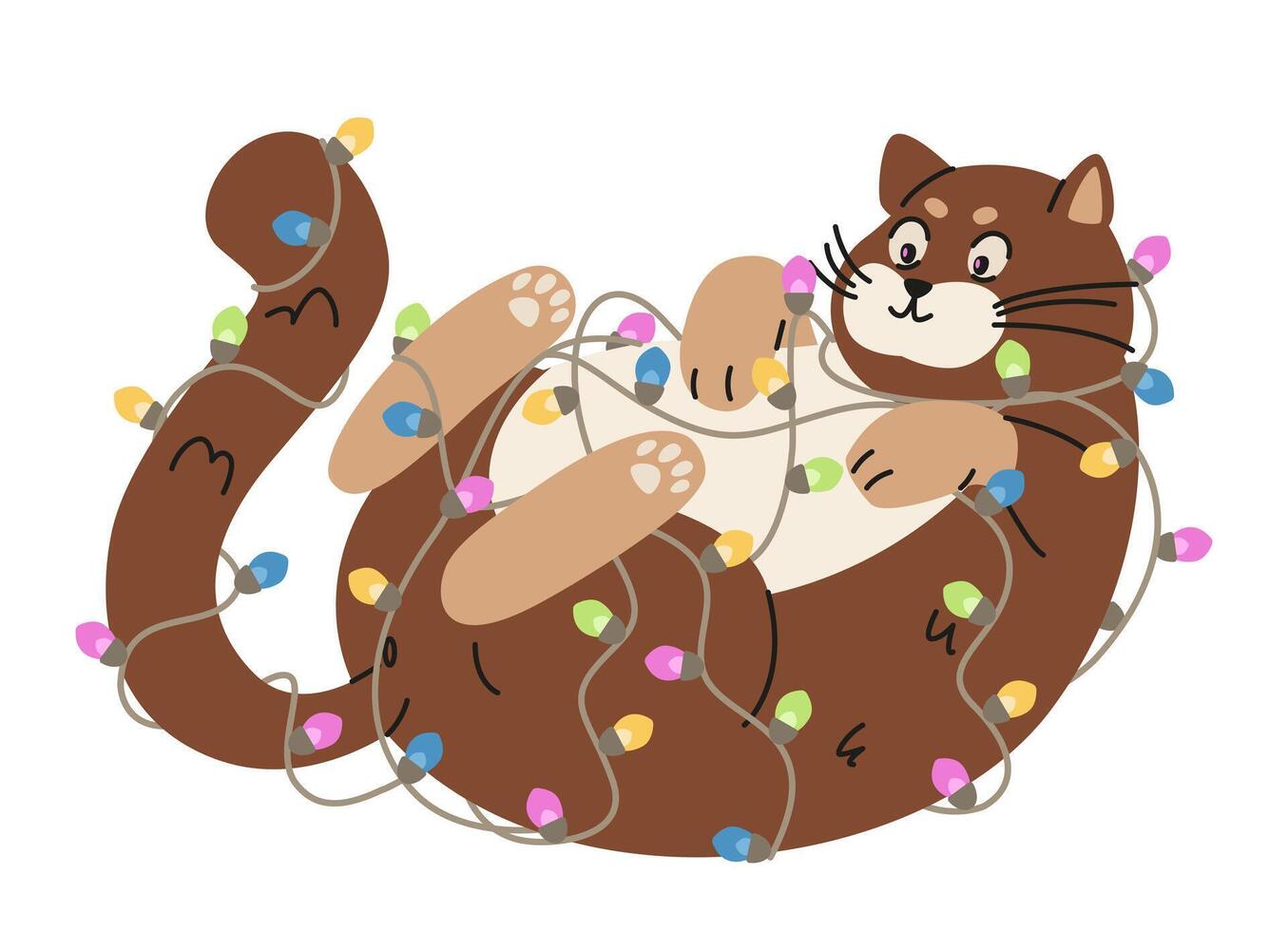 Funny plump cat laying on back and playing with Christmas garland flat illustration isolated on white. Cute cat wrapped in garland. vector