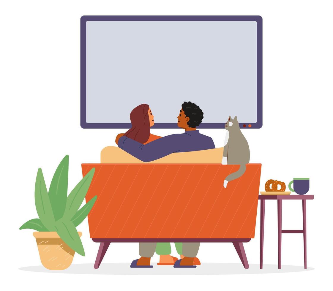 Multiracial couple with a cat watching TV together sitting on the couch flat illustration. View from the back. vector