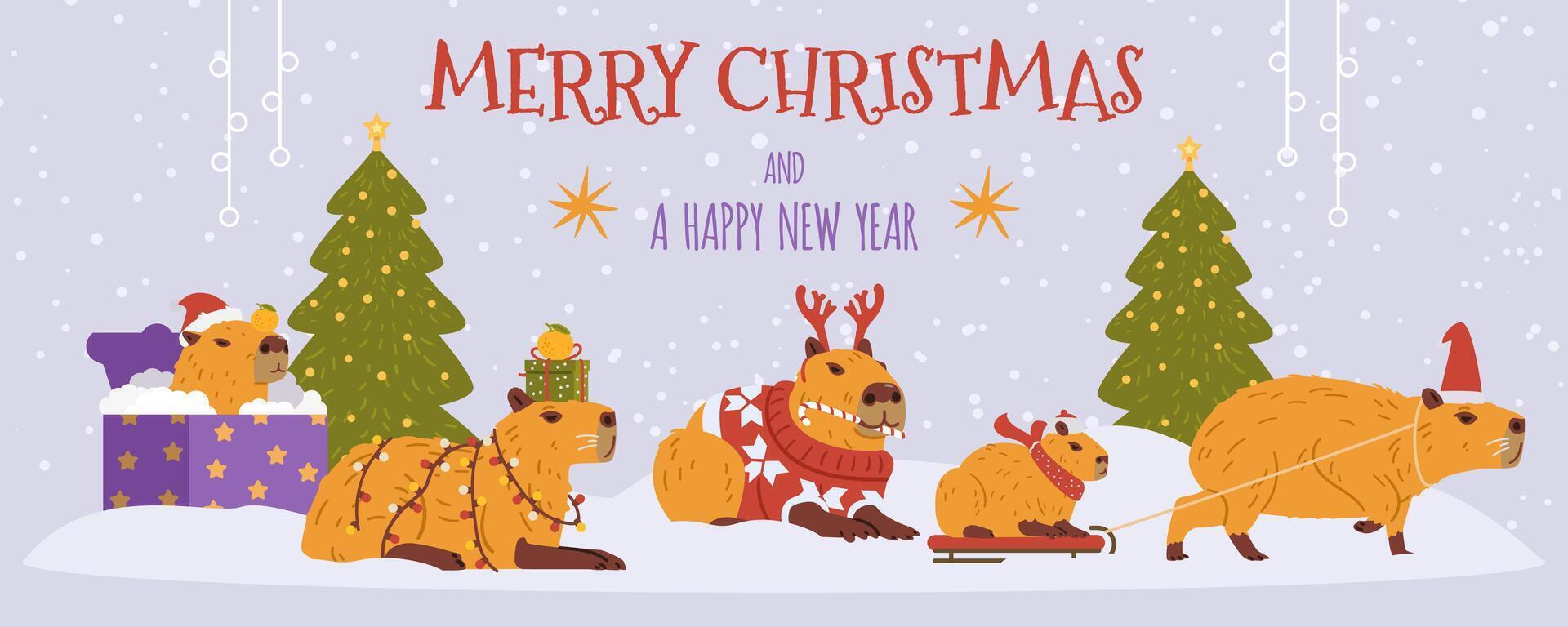 Merry Christmas and a happy new year horizontal banner with funny capybaras sitting under snowfall. vector
