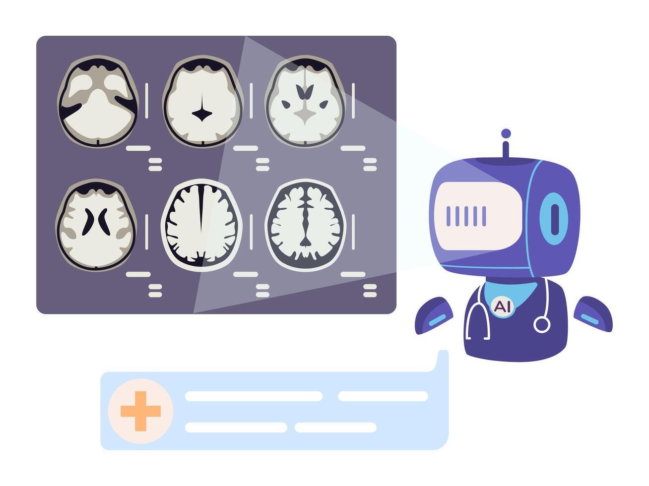 AI robot medical assistant scanning brain MRI flat illustration isolated on white. vector