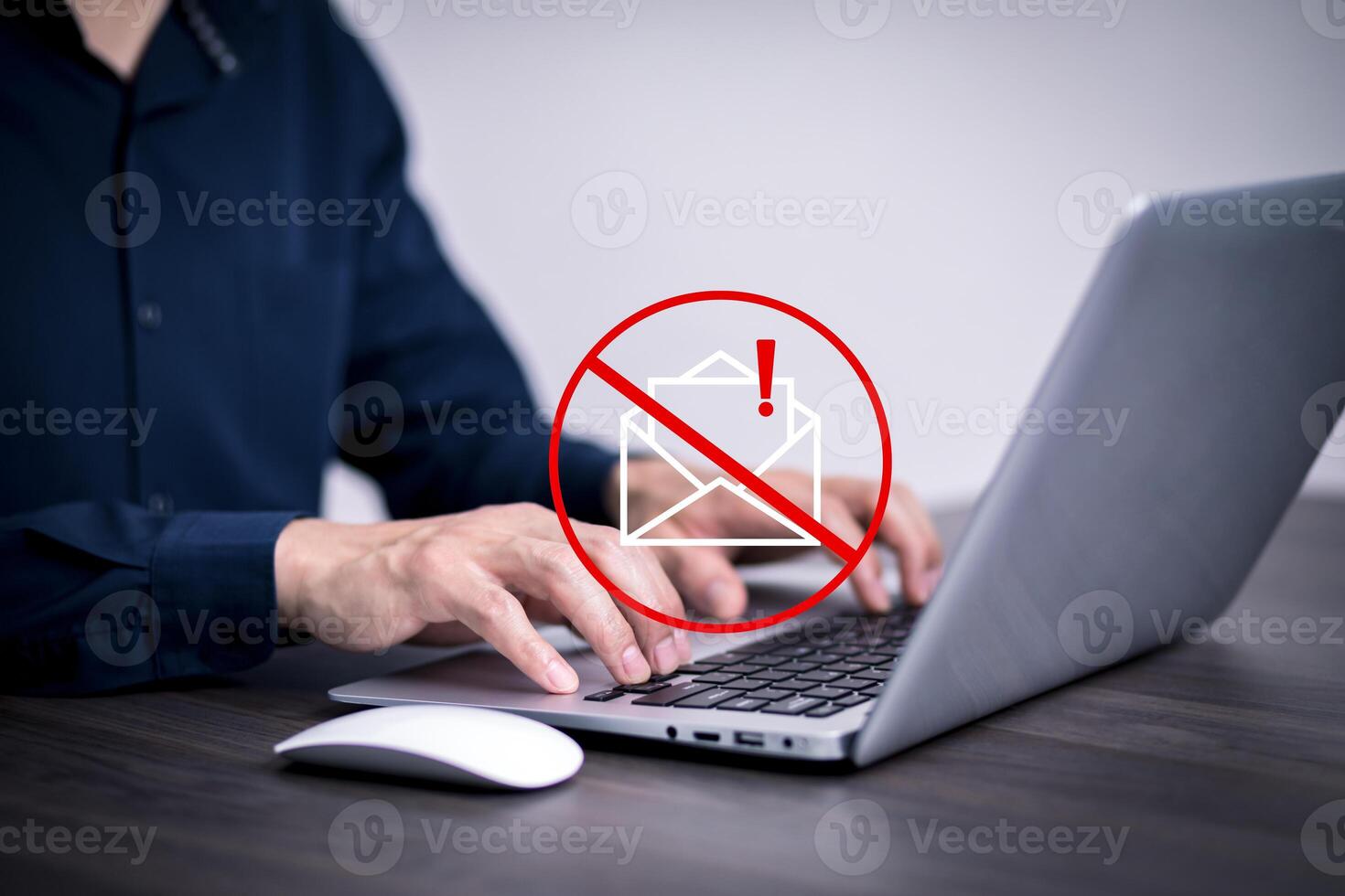 Email concept with laptop spam and virus computer monitor internet security concept, businessman reading electronic mail with a laptop. Spam, junk and e-marketing on screen, Spam Email Pop-up Warning. photo