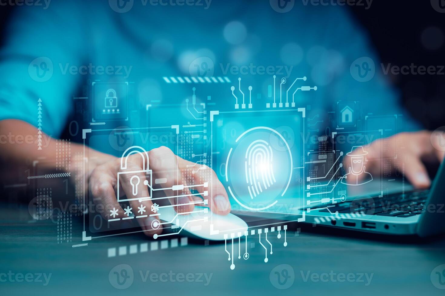 Security password login online concept, businessman using finger scan and entering username and password of social media, log in with smartphone to an online bank account, data protection from hacker photo