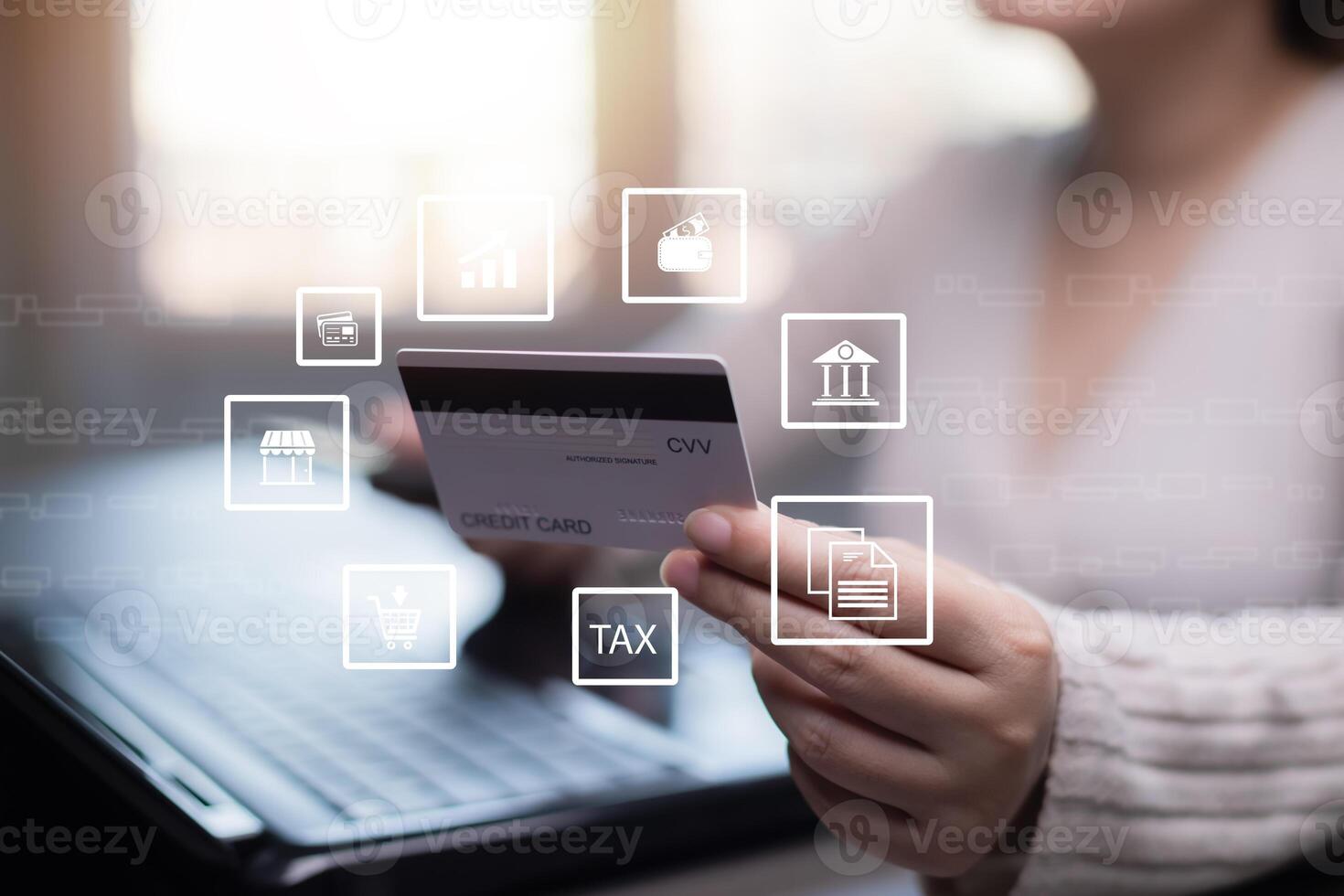 Smartphone with Online payment, Hand hold smartphone banking online bill payment Approved concept button, credit card and network connection icon on business technology virtual screen background photo