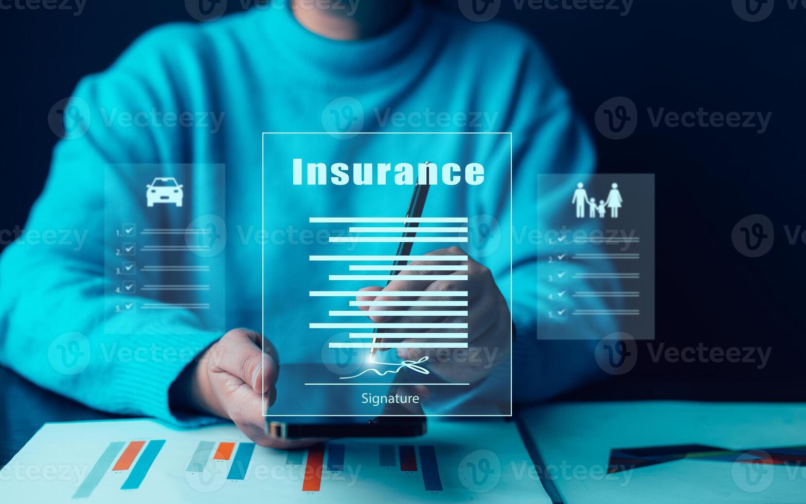 2025 Insurance form agreements concept, Businessman signs insurance contracts e-signing digital online, document management, concerning mortgage loan offer for and house insurance photo