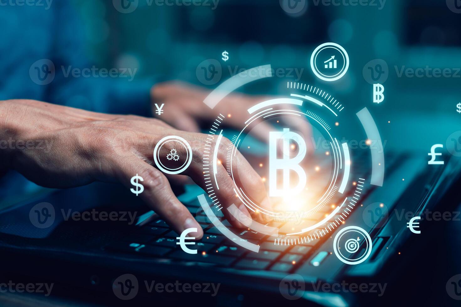 Businessman hand hold bitcoin and icon of business network on White background. bitcoin cryptocurrency ideas concept and virtual financial chart diagram, Digital symbol of a new virtual currency photo