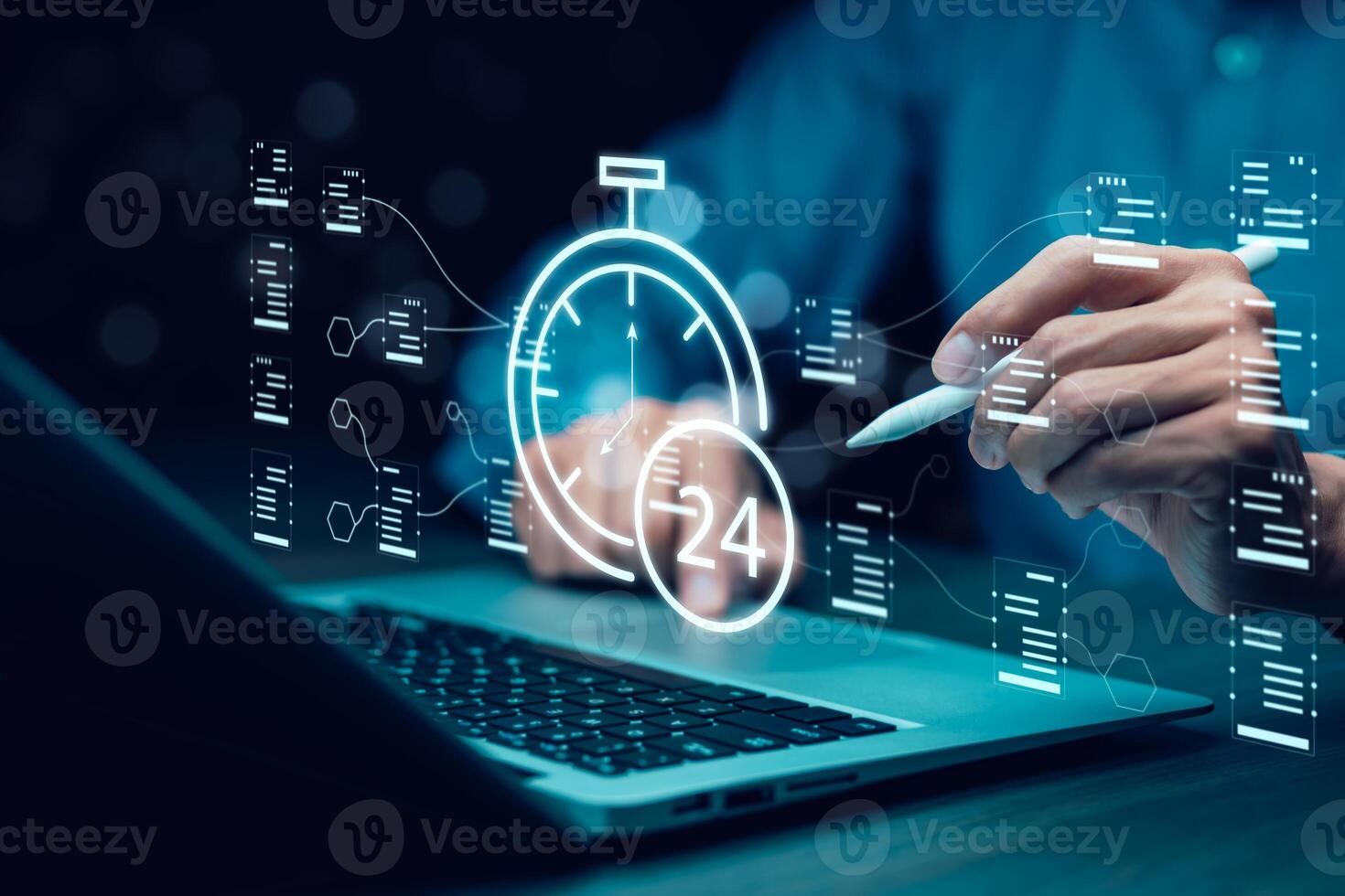 Clock 24h service and people icon Concept, Businessman hand touch clock and line people icon, time management and business work planning, idea and concept of the schedule of the daily routine, photo