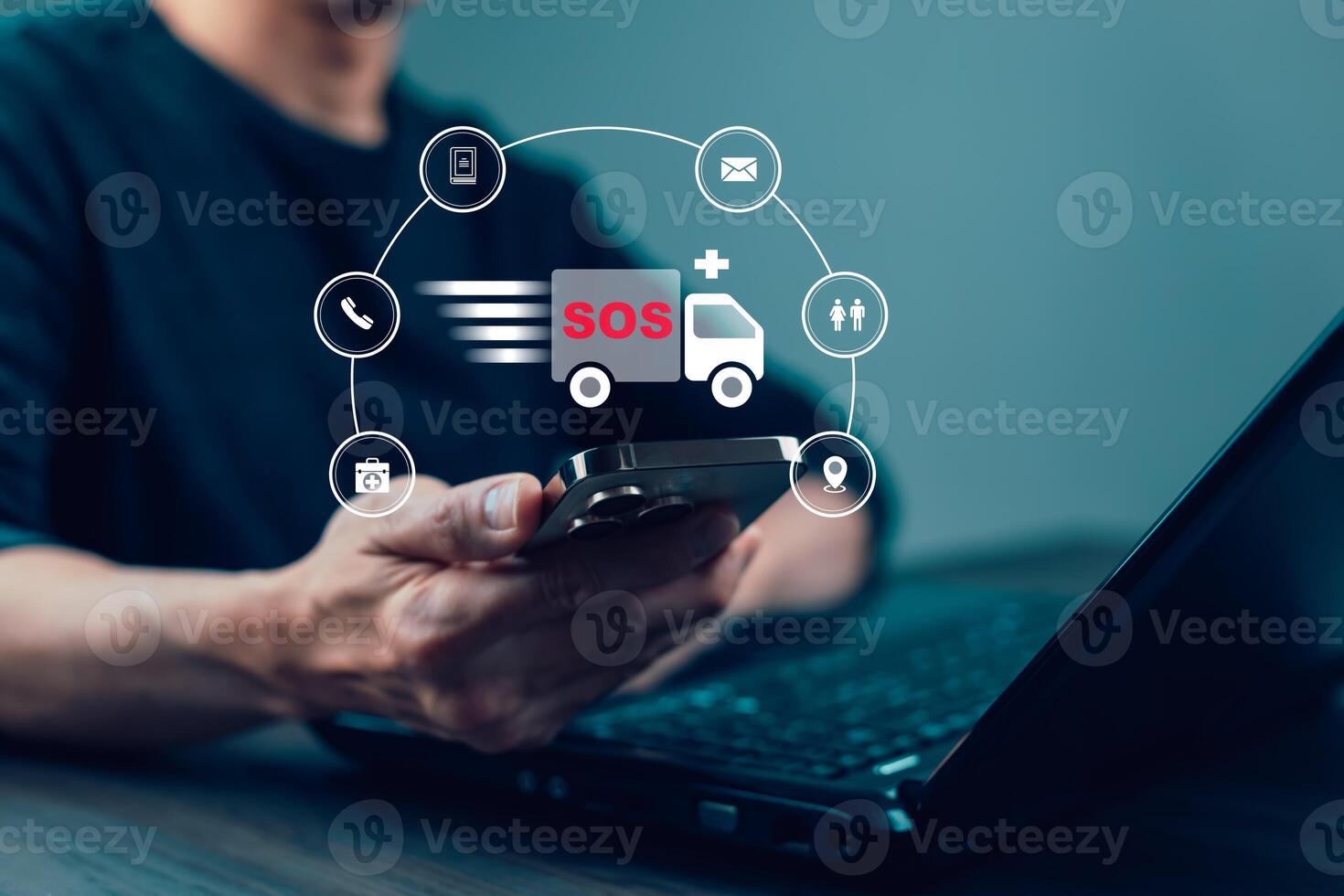 SOS with Emergency app concept, Business people using a laptop and touch bar Emergency app at home, call phone, Chat message icon, Emergency application from smartphone for elderly, call for help photo