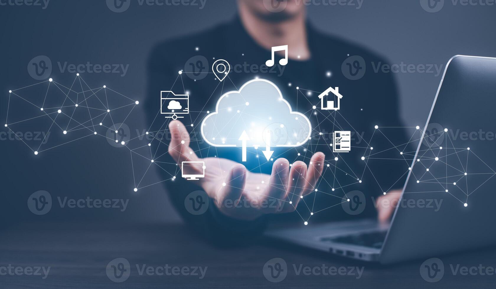 Cloud technology concept Global network of metaverse systems concept, Man hand touch data with internet cloud technology and File Transfer backup copy,Global business Internet for Telecommunication photo